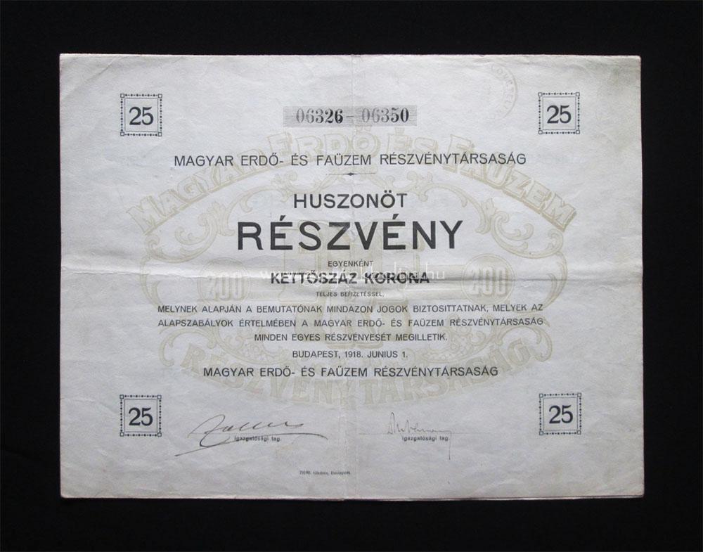 Magyar Erdő- és Faüzem részvény 25x200 korona 1918
